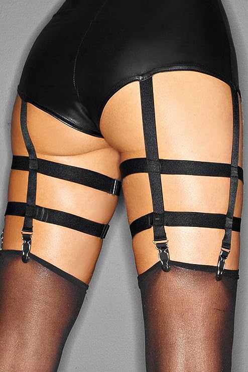 Black bodysuit with attached garter straps, leg-strap detail.