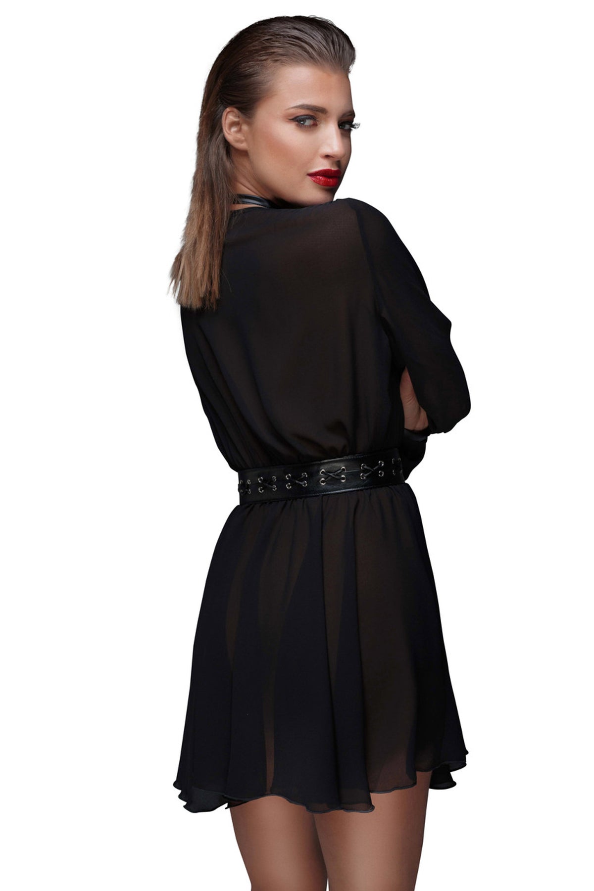 Black chiffon mini dress with waist belt, rear view.