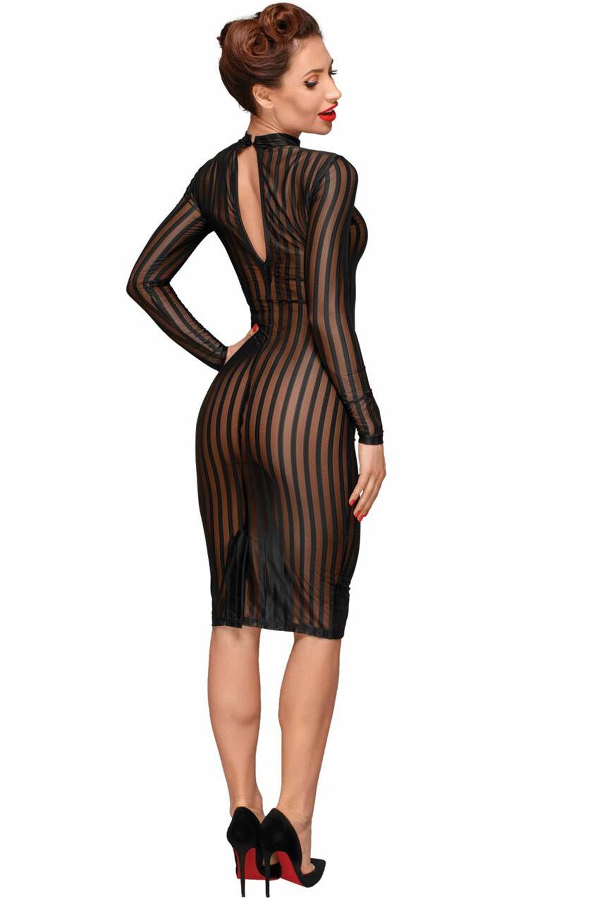 Black striped tulle dress with lace-trimmed open back, full-length rear view.