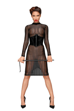 Black striped tulle dress with waist detail, full-length front view.