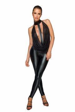 Black wetlook jumpsuit with tulle top and choker, full-length front view.