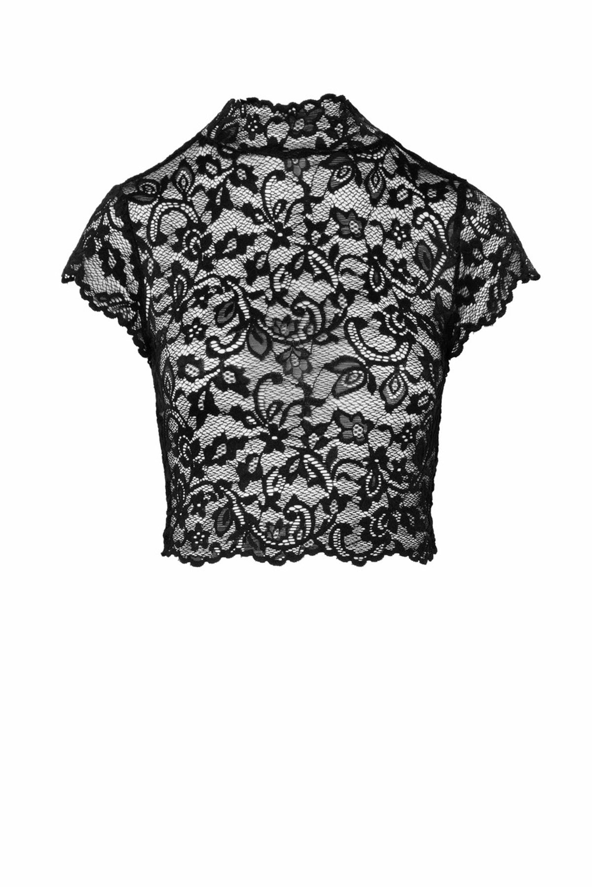 Black Essence lace top with high collar, flat front view.