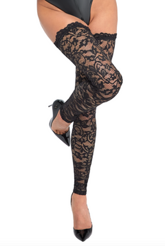 Black floral lace stockings with open feet, side detail.