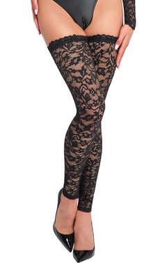 Black floral lace stockings with scalloped tops, crossed-leg detail.