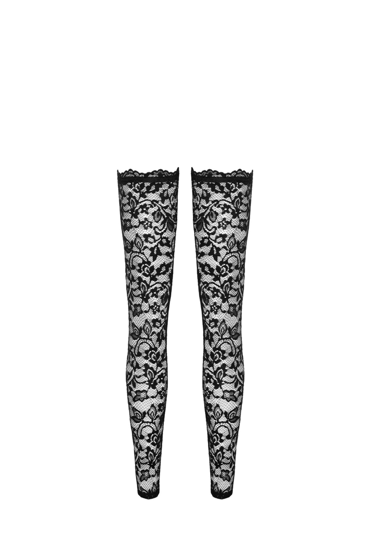 Pair of black floral lace stockings, flat product view.