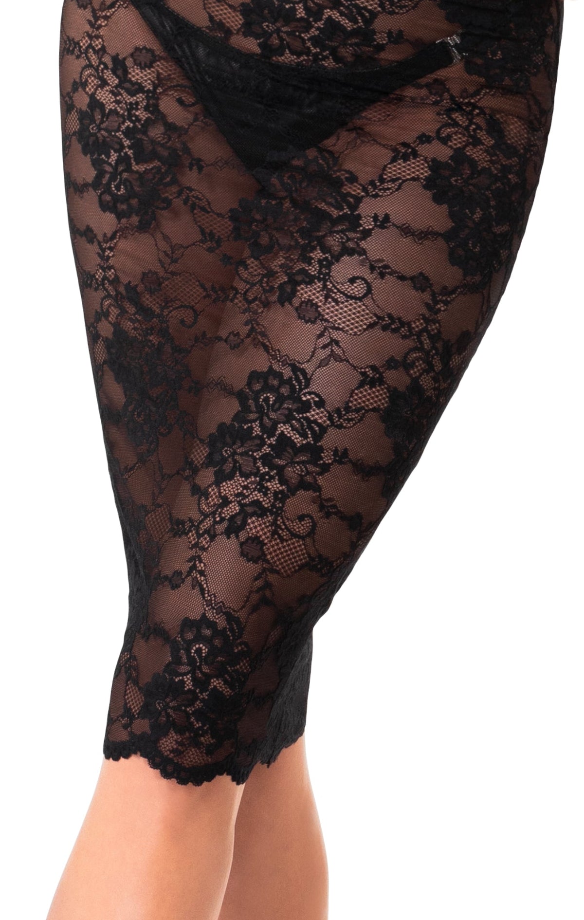 Black Nocturne lace midi dress, floral lace and scalloped-hem detail.