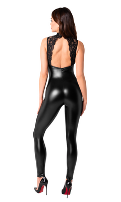 Black Pandora wetlook catsuit with lace-trimmed open back, full-length rear view.