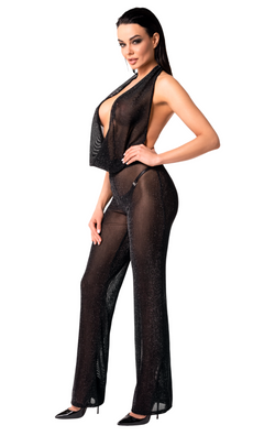 Black Luminara shiny tulle jumpsuit, full-length front three-quarter view.