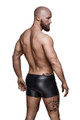 Men’s black fitted shorts with PVC panel, rear view.