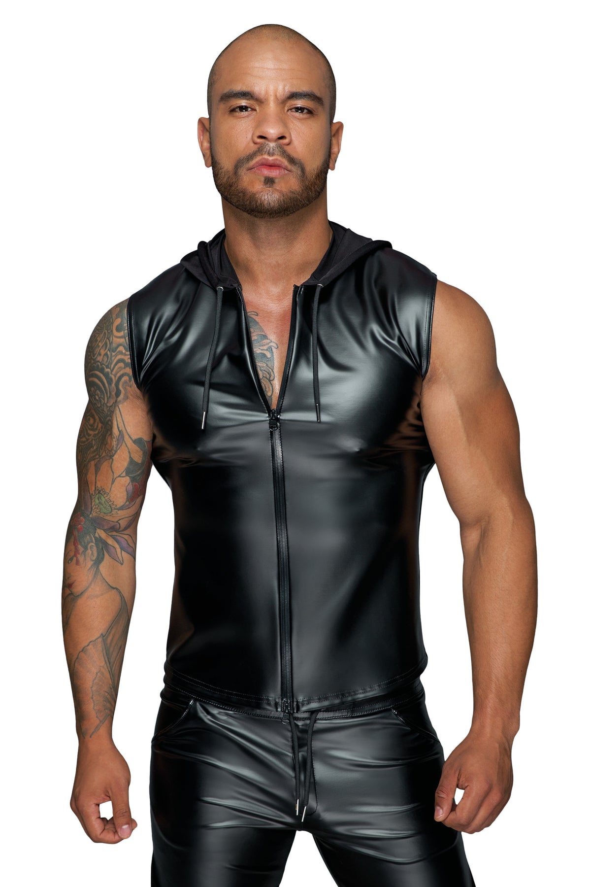 Men’s black sleeveless wetlook hoodie shirt, front view.