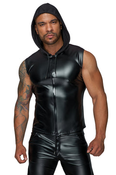 Men’s black sleeveless wetlook hoodie shirt with two-way zipper, hood-up front view.