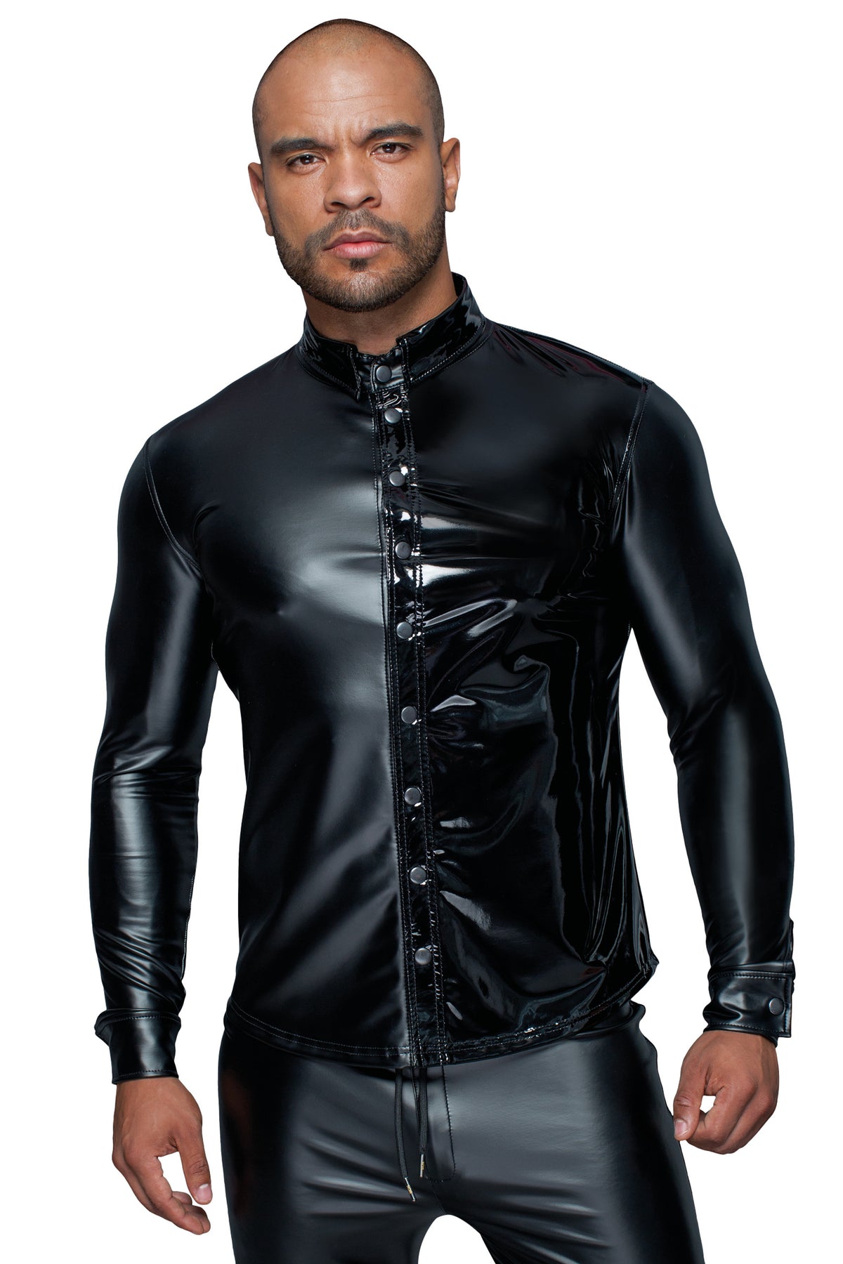Men’s black long-sleeved wetlook and PVC shirt, front view with collar fastened.