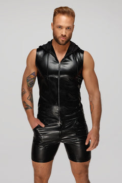 Men’s black snake-pattern wetlook sleeveless zip-up top with sheer hood, front view.