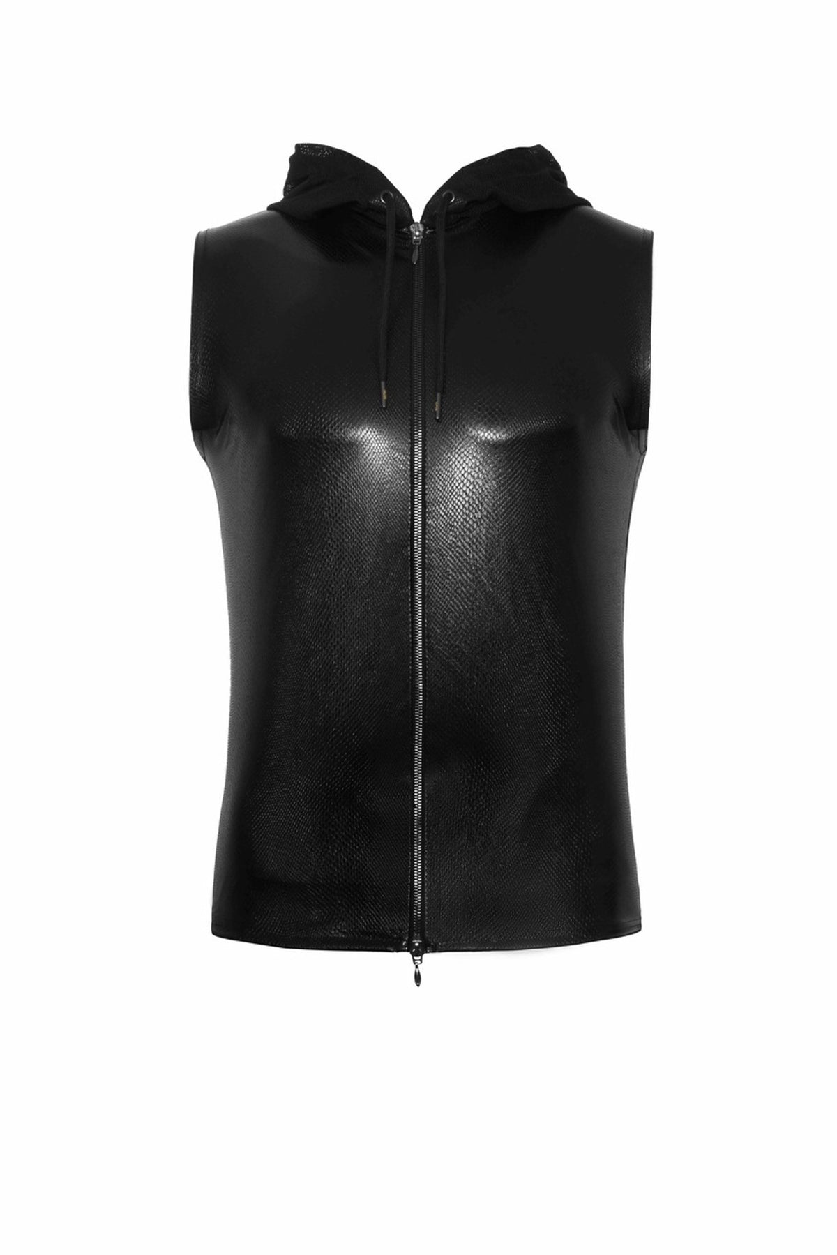 Men’s black snake-pattern wetlook top with hood and front zipper, flat front view.