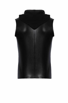 Men’s black snake-pattern wetlook sleeveless top with hood, flat rear view.