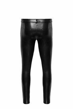 Men’s black snake-pattern wetlook trousers with back pockets, flat rear view.