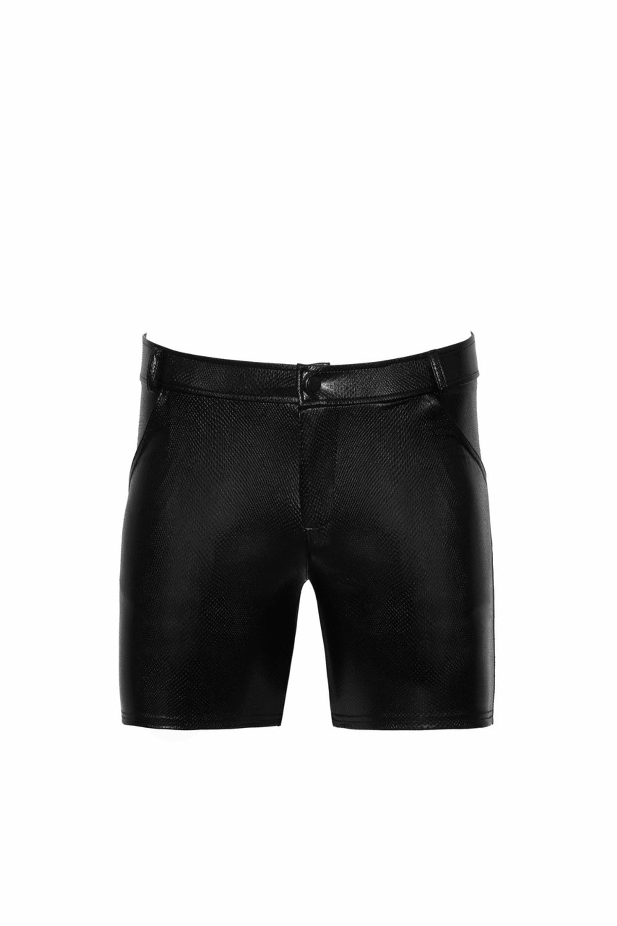 Men’s black snake-pattern wetlook shorts, flat front view.