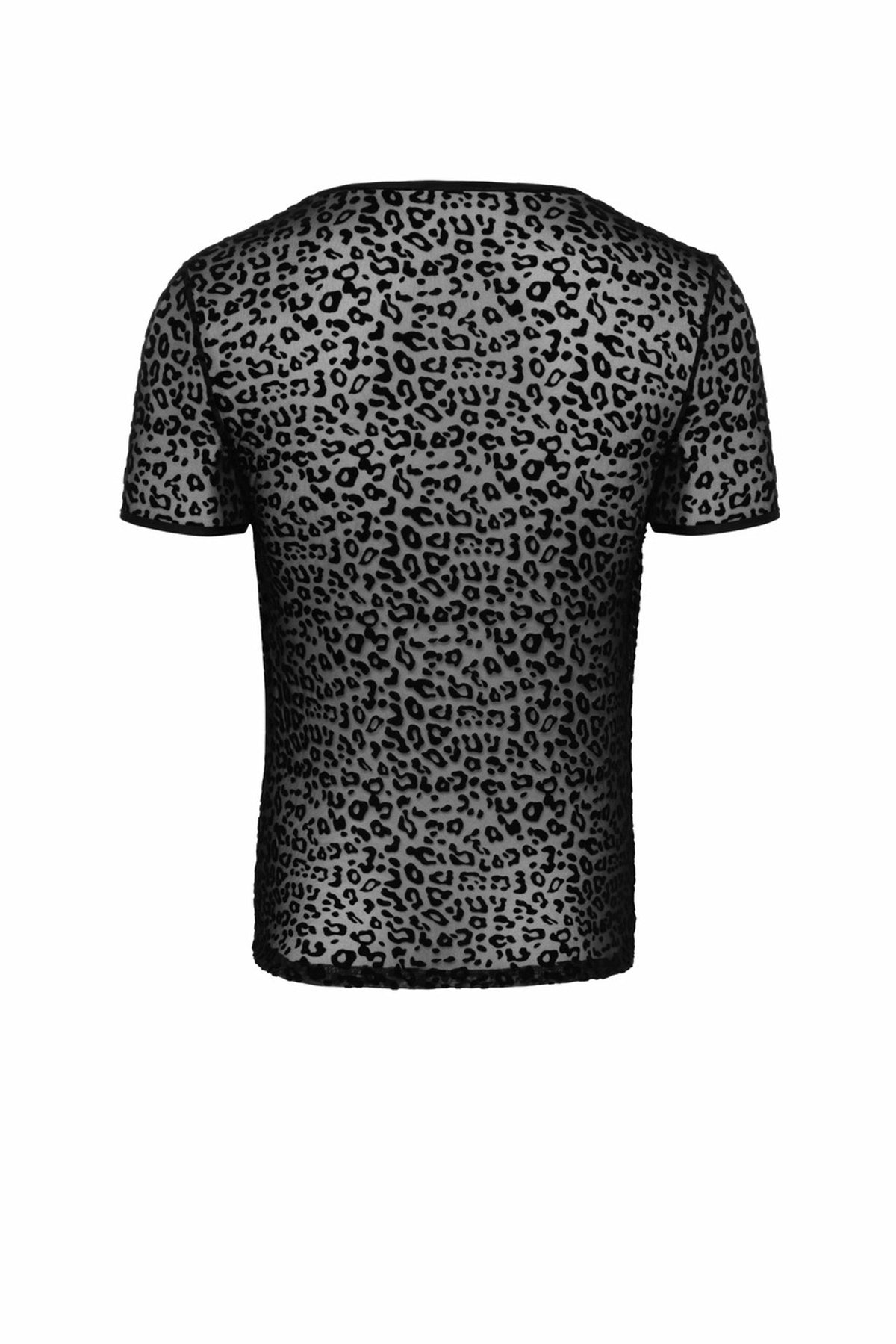 Men’s black leopard flock T-shirt, flat rear view.