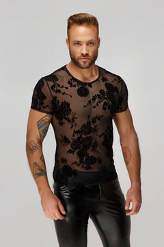Men’s black sheer T-shirt with floral flock pattern, front view.