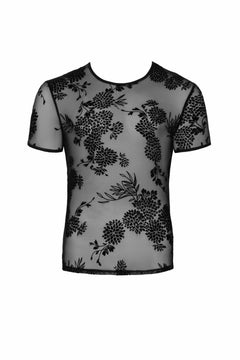 Men’s black floral flock T-shirt, flat front view.