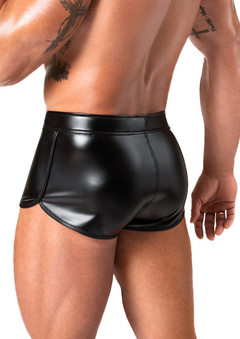 Men’s black Frenzy wetlook shorts, rear detail.
