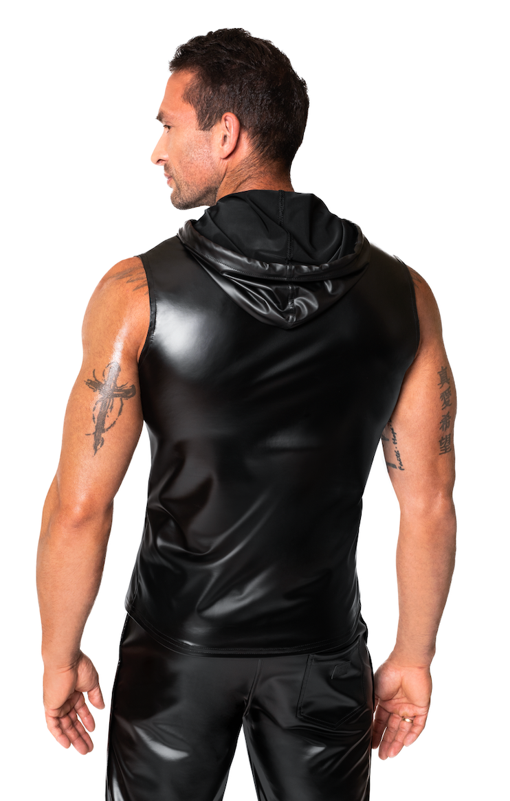 Men’s black Frenzy sleeveless wetlook hoodie, rear view.
