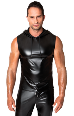 Men’s black Frenzy sleeveless wetlook hoodie, styled with trousers.
