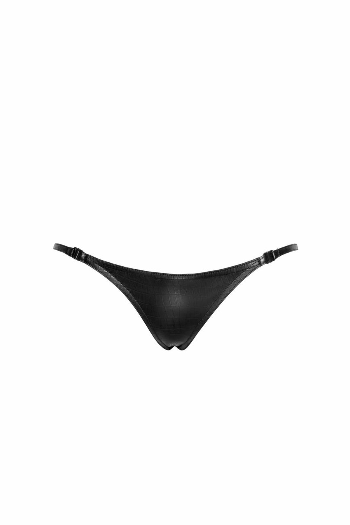 Black crocodile-pattern wetlook thong, flat front view.