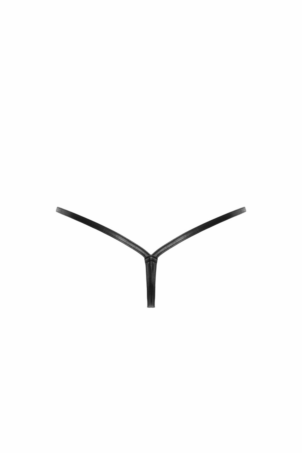 Black crocodile-pattern wetlook thong with narrow straps, flat rear view.