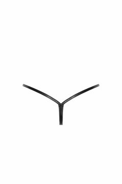 Black crocodile-pattern wetlook thong with narrow straps, flat rear view.
