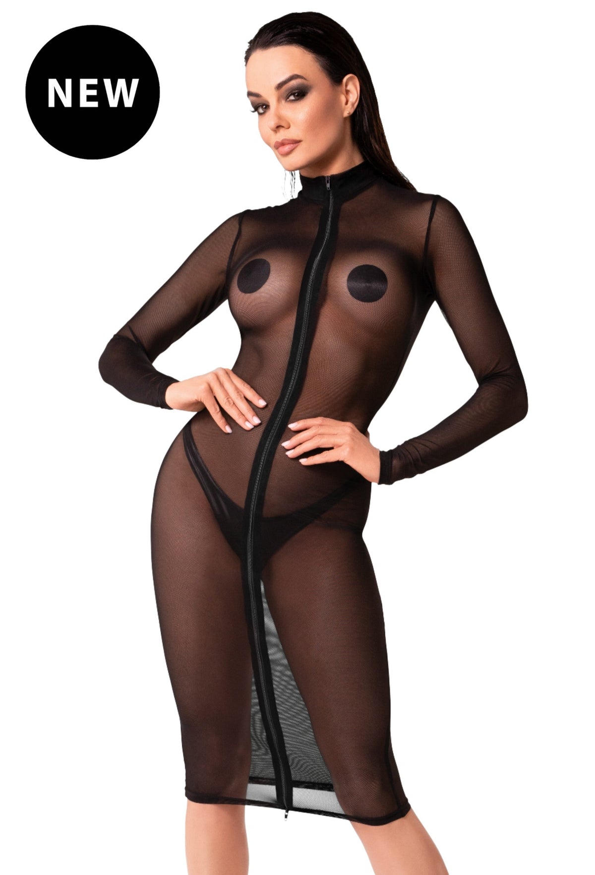 Black Ecstasy sheer tulle midi dress with long sleeves and front zipper, front view.