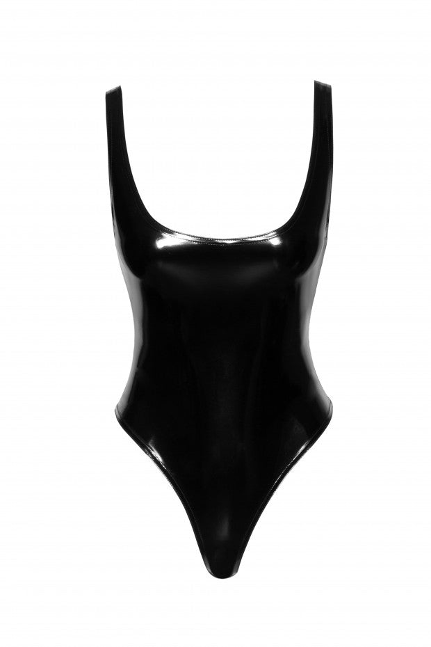 Black high-cut PVC bodysuit with scoop neckline, flat front view.