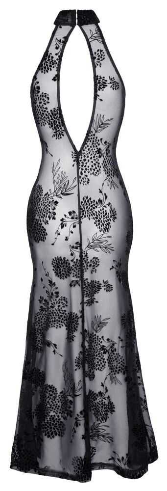 Black long tulle dress with floral flock pattern and halter neckline, flat front view.