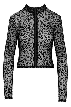 Black leopard mesh top with high collar and front zipper, flat front view.