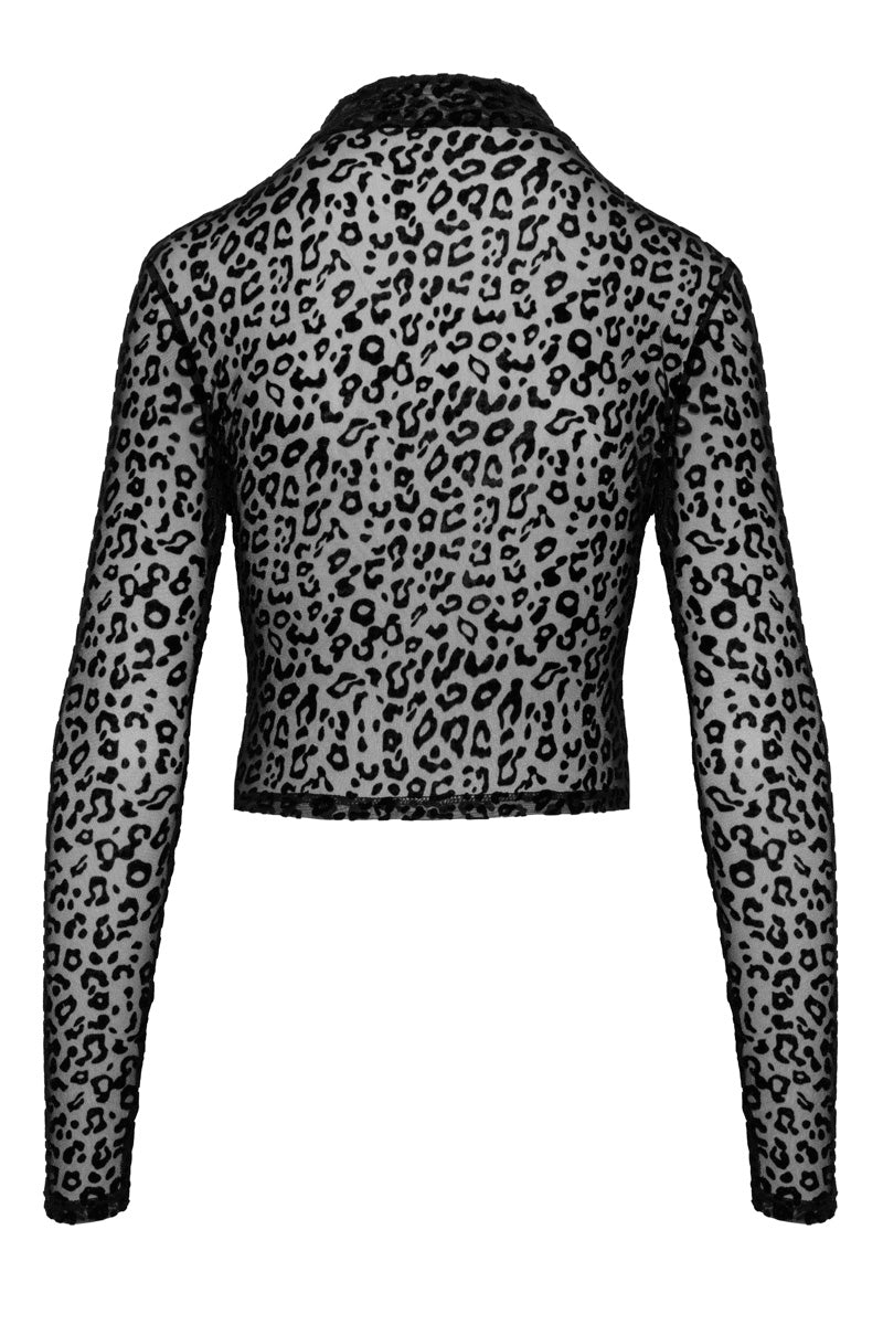 Black leopard mesh long-sleeved top, flat rear view.