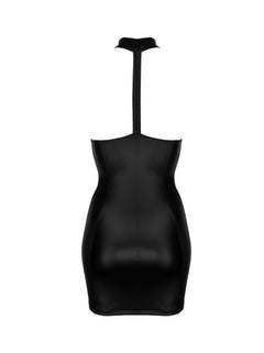 Black wetlook dress with collar strap, flat rear view.