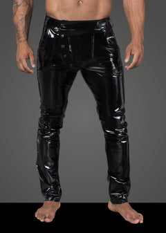 Men’s black elastic PVC trousers, front view.