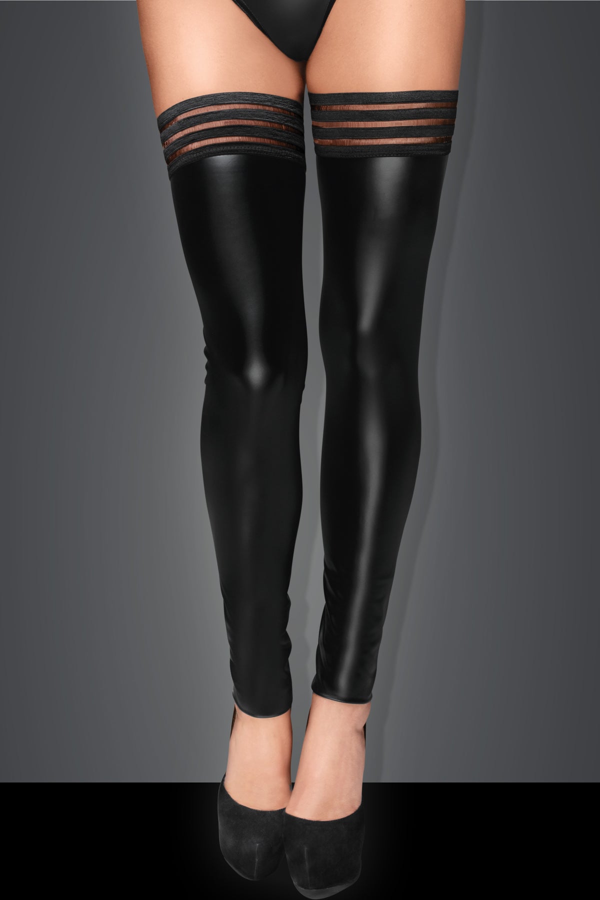 Black wetlook stockings with striped elastic tops and open feet, front view.