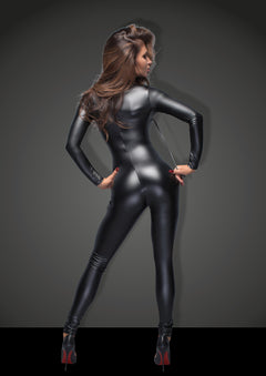 model wearing black Catsuit with leash back view