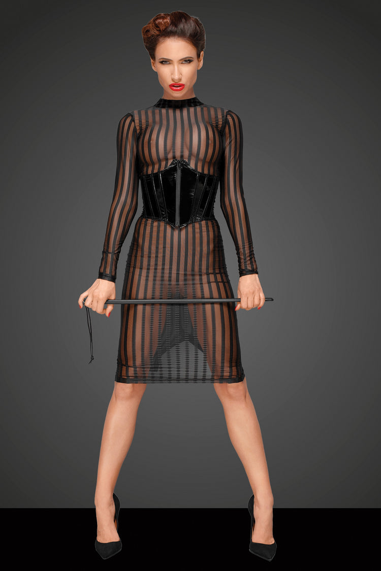 Woman wearing a semi transparent classic dress made of elastic tulle