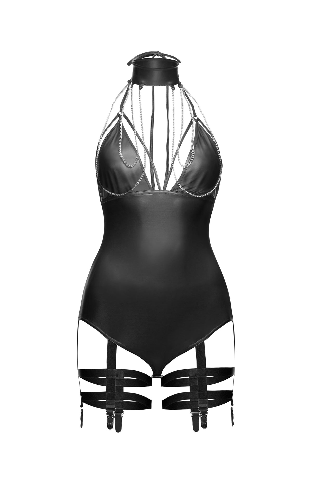 Black bodysuit with collar and garter belts, flat front view.