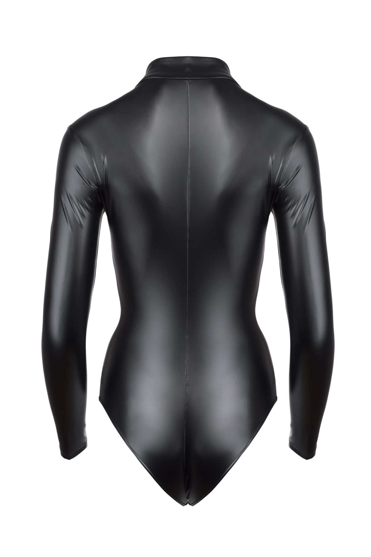 Black long-sleeved wetlook bodysuit, flat rear view.