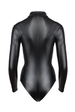 Black long-sleeved wetlook bodysuit, flat rear view.