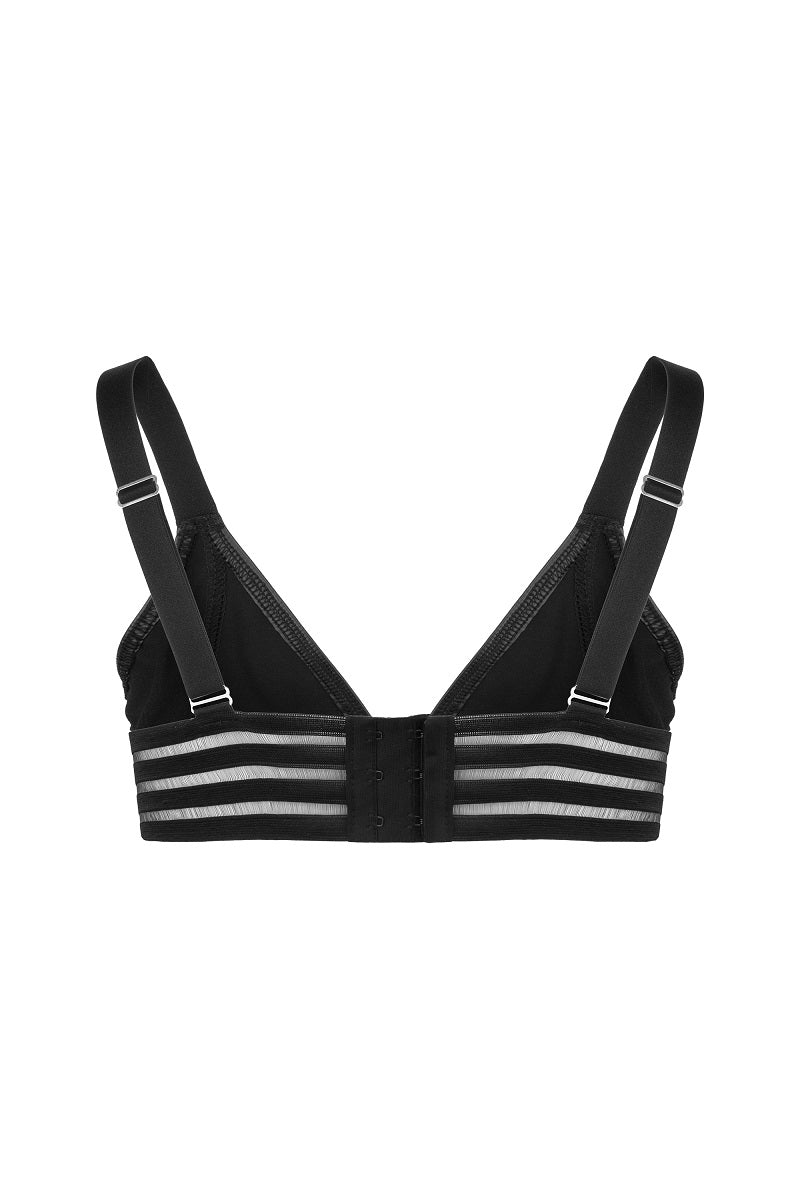 Black wetlook bralette with rear fastening, flat rear view.