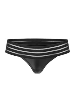 Black wetlook panties with striped elastic waistband, flat front view.