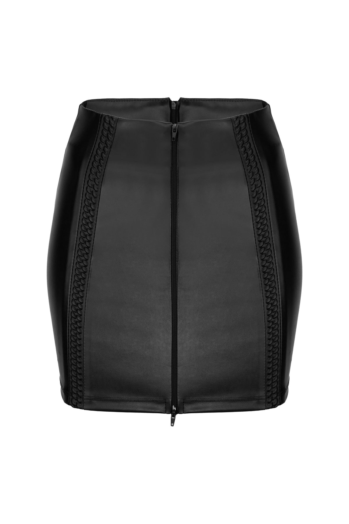 Black wetlook eco-leather skirt with decorative tape and zipper, flat product view.