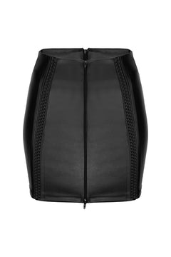 Black wetlook eco-leather skirt with decorative tape and zipper, flat product view.