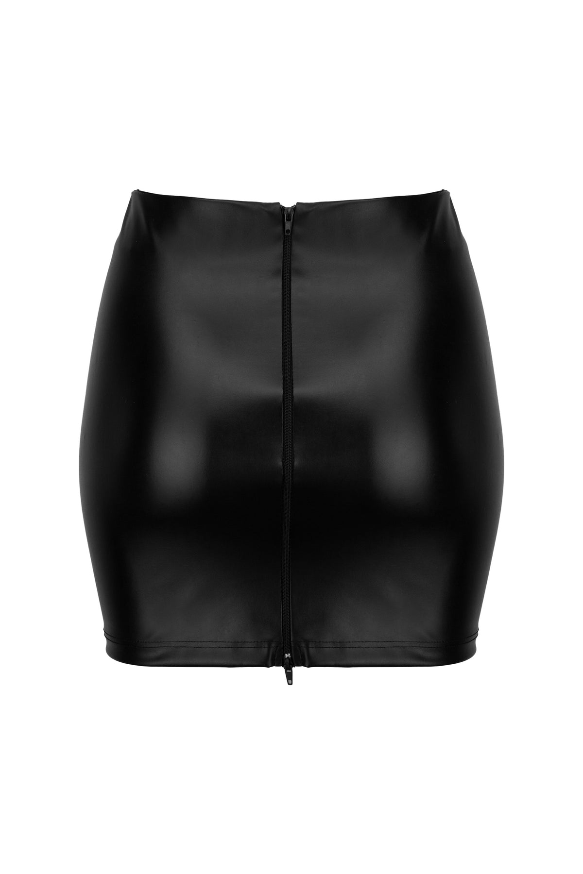 Black wetlook eco-leather skirt with zipper, flat rear view.