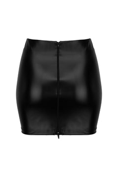 Black wetlook eco-leather skirt with zipper, flat rear view.