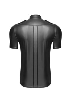 Men’s black short-sleeved collared shirt, flat rear view.